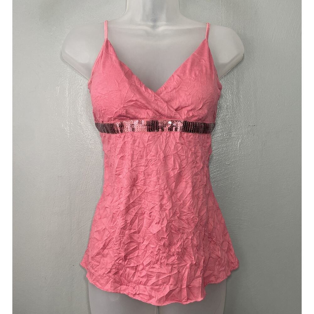Y2K Tangents Crinkle Cami Size Large Pink Sequins Babydoll Tank Y2K Coquette